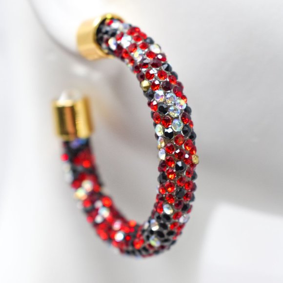 1.75" Black/Red/AB Pave Wrap Rhinestone Hoops (B) - Picture 2 of 12